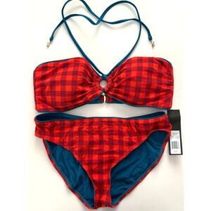 NWT Marc by Marc Jacobs Red Gingham Bikini Set L Teal Trim Ruched Bandeau